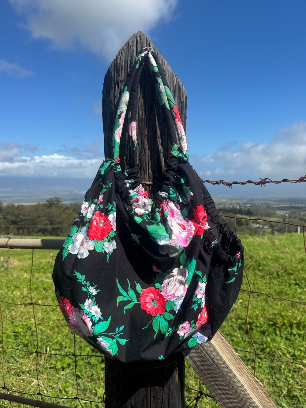 Vintage Handmade Floral Hobo Bag Black Slouchy Market Tote Beach
